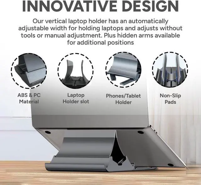 Alt view image 4 of 7 - Vertical Laptop Stand - Automatic Adjustable Multi-Device Organizer With Non-Slip Silicone Pad - Ideal Home & Office Stand for Men & Women - Desk Dock