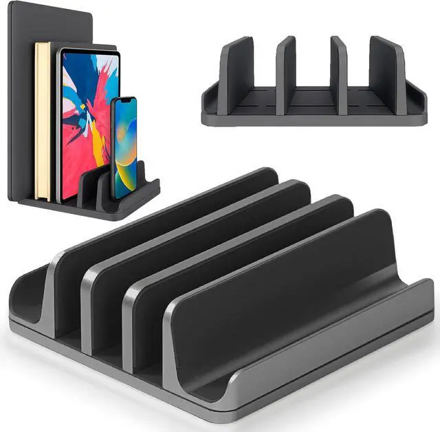 Main image of Multiple Laptop Holder Vertical  Adjustable Laptop Vertical Stand Holds 5 Devices Fits All MacBooks Laptops Tablets and Mobiles (up to 17.3). Closed Upright Vertical Laptop Stand for Desk