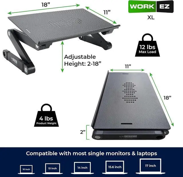 Alt view image 4 of 7 - WorkEZ Adjustable Laptop Stand for Desk Laptop Stand Adjustable Height Foldable Aluminum Cooling Computer Holder & Riser for Desk Bed Black XL