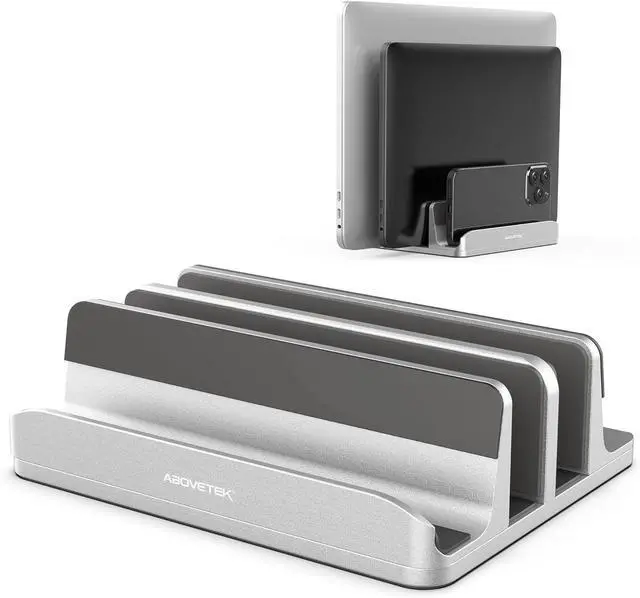Main image of Vertical Laptop Stand 3 Slots Aluminum Desk Laptop Holder & Laptop Docking Station Stand for MacBook Tablet Phone - Universal Fit (Up to 17.3) - Heavy Duty Polished Anti Slide - Silver
