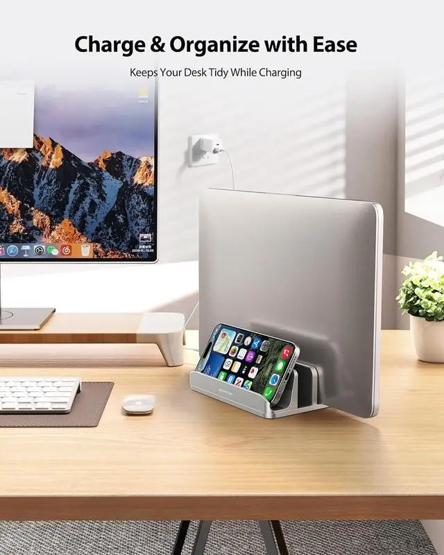 Alt view image 2 of 7 - Vertical Laptop Stand 3 Slots Aluminum Desk Laptop Holder & Laptop Docking Station Stand for MacBook Tablet Phone - Universal Fit (Up to 17.3) - Heavy Duty Polished Anti Slide - Silver