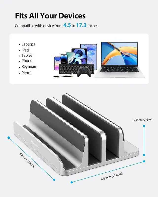 Alt view image 3 of 7 - Vertical Laptop Stand 3 Slots Aluminum Desk Laptop Holder & Laptop Docking Station Stand for MacBook Tablet Phone - Universal Fit (Up to 17.3) - Heavy Duty Polished Anti Slide - Silver