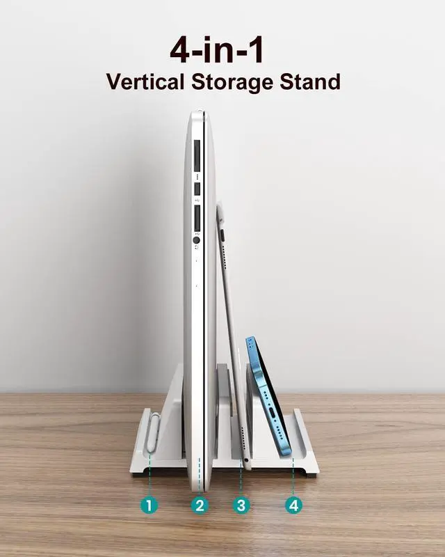 Alt view image 2 of 7 - Vertical Laptop Stand for Desk Dual Slots Plastic Laptop Holder with Space Saving 4-in-1 Design Adjustable Laptop Stand Supports MacBook Chromebook Surface  (White)