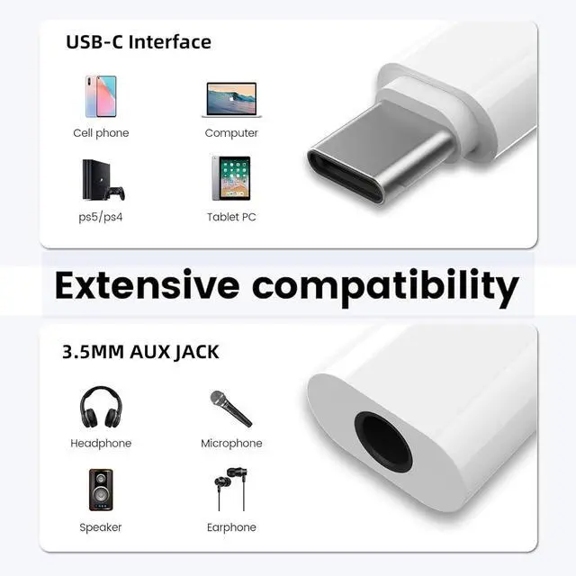 Alt view image 3 of 6 - USB C to 3.5mm Audio Adapter USB Type C to 3.5mm Female Headphone Jack Dongle Aux Adapter DAC Stereo HiFi Compatible with  Galaxy S24 Ultra/ S23+ iPad Pro Pixel iPhone 16/15/14 - White