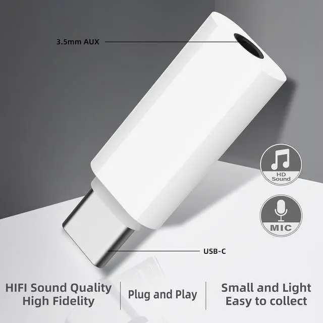 Alt view image 5 of 6 - USB C to 3.5mm Audio Adapter USB Type C to 3.5mm Female Headphone Jack Dongle Aux Adapter DAC Stereo HiFi Compatible with  Galaxy S24 Ultra/ S23+ iPad Pro Pixel iPhone 16/15/14 - White