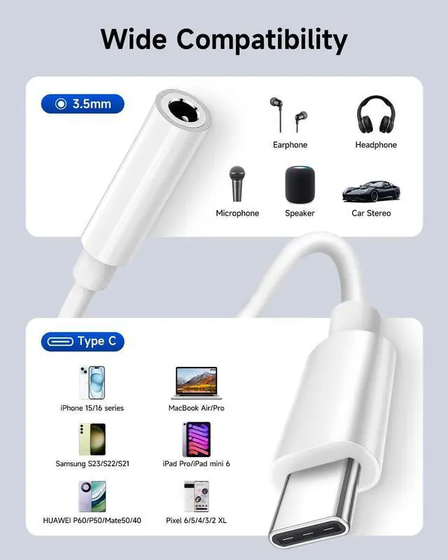 Alt view image 4 of 7 - USB C to 3.5mm Audio Headphone Adapter, Type C to Jack Dongle Adapter Cable Cord Compatible with Apple iPhone 16 15 Pro Max Plus, iPad, MacBook, Samsung Galaxy S24 S23 S22 S21 Ultra, Pixel (100-Pack)
