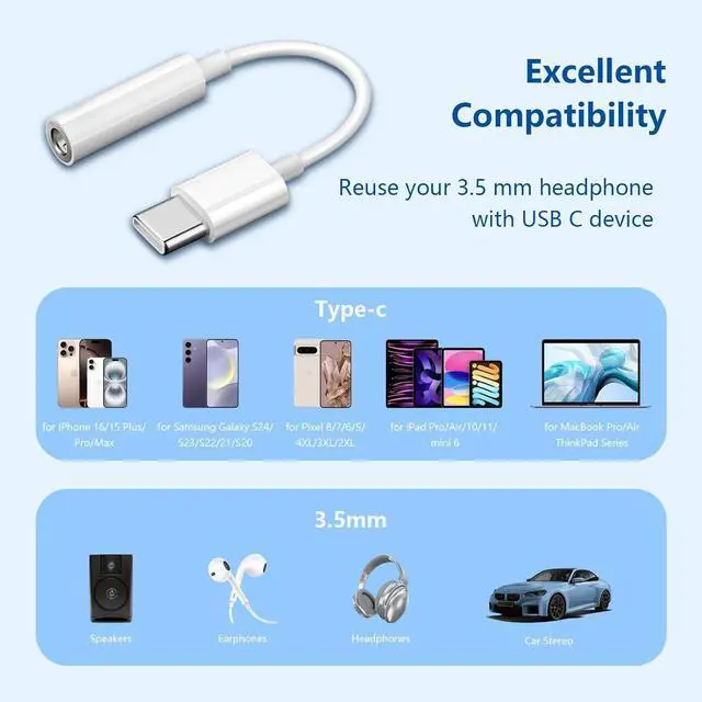 Alt view image 6 of 6 - 5 Pack USB C to 3.5mm Headphone Jack Adapter Type C Audio Aux Cable Dongle Compatible for iPhone 16/15/15 Plus/15 Pro/15 Pro Max/iPad/Pixel  Galaxy S23 S22 S21 S20 Ultra Z Flip/Note