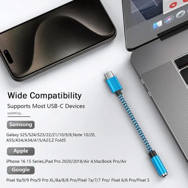 Alt view image 6 of 7 - USB-C to 3.5mm Audio Headphone Adapter for  Galaxy A16 5G/A56/M56/A36/A26 S25 Ultra/S24/S23 FE Pixel 9 Type C to Jack Dongle Adapter for iPhone 16e/15 iPad Air 13/11 - HiFi Audio Dongle Cable