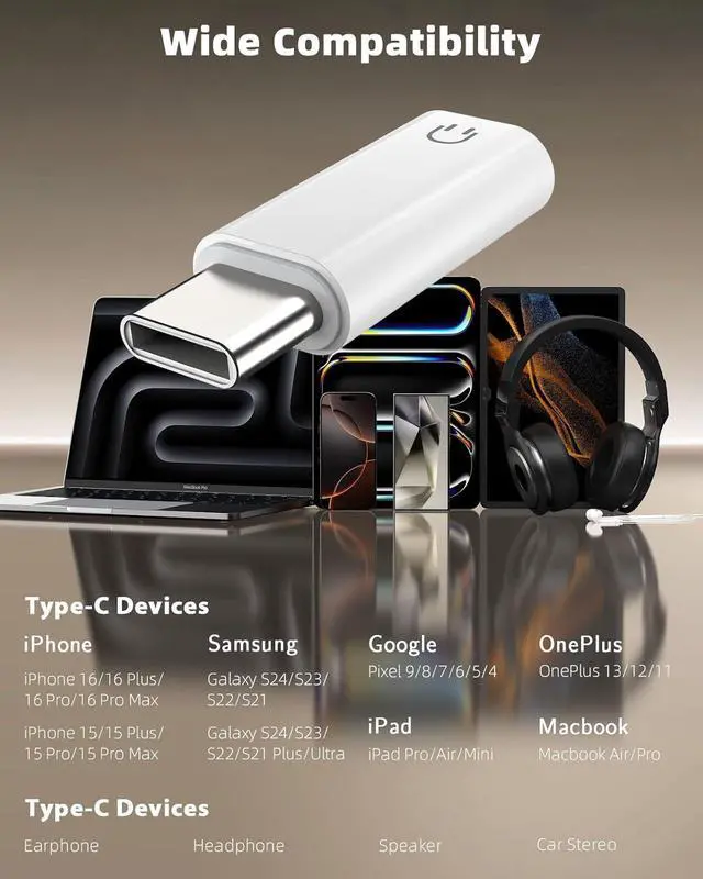 Alt view image 7 of 7 - USB C to 3.5mm Audio Headphone Adapter Type C to Headphone 3.5mm Aux Jack Dongle Compatible with iPhone 16 15 Pro Max Plus Galaxy S24 S23 S22 iPad Air/Pro MacBook Pixel White