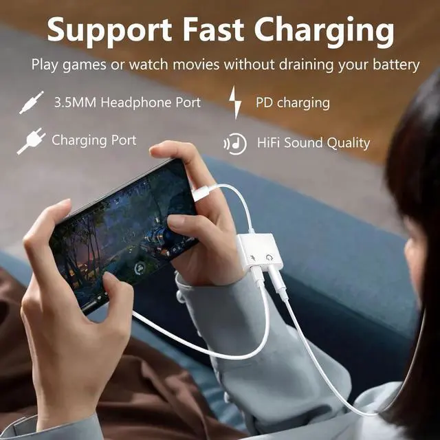 Alt view image 5 of 7 - USB C to 3.5mm Headphone Jack and Charger Adapter 2-in-1 Audio & Fast Charging Splitter for  iPhone 16/15/Pro/Pro Max iPad  Pixel and More 2Pack