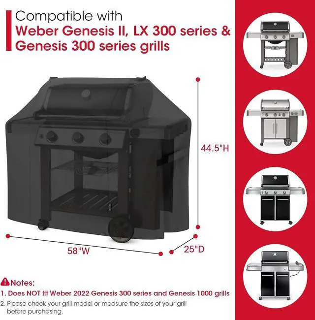 Alt view image 2 of 7 - 58 Inch Grill Cover for Weber Genesis II LX 300 Series and Genesis 300 Series Gas Grills Heavy Duty Waterproof Fade Resistant BBQ Cover All Weather Protection Compared to Weber 7130