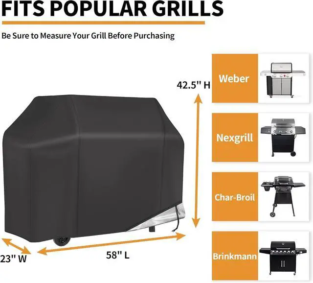 Alt view image 2 of 7 - 58 inch BBQ Cover - Waterproof Fade Resistant Fits Weber Brinkmann Nexgrill Black Grill Cover