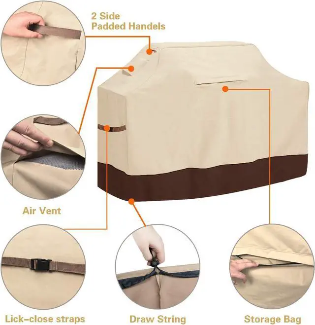 Alt view image 5 of 7 - Grill Cover 58-inch Waterproof BBQ Cover 600D Heavy Duty Gas Grill Cover UV & Dust & Rip & Fading Resistant Suitable for Weber Brinkmann Char Broil Grills and More Beige