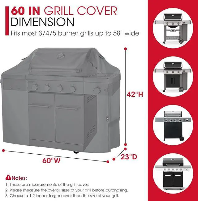 Alt view image 2 of 7 - Gas Grill Cover for Outdoor Grill 60 Inch BBQ Cover Heavy Duty Waterproof Fade Resistant Barbecue Protector Compatible with Weber Char-Broil Nexgrill BBQs up to 58 Wide Gray