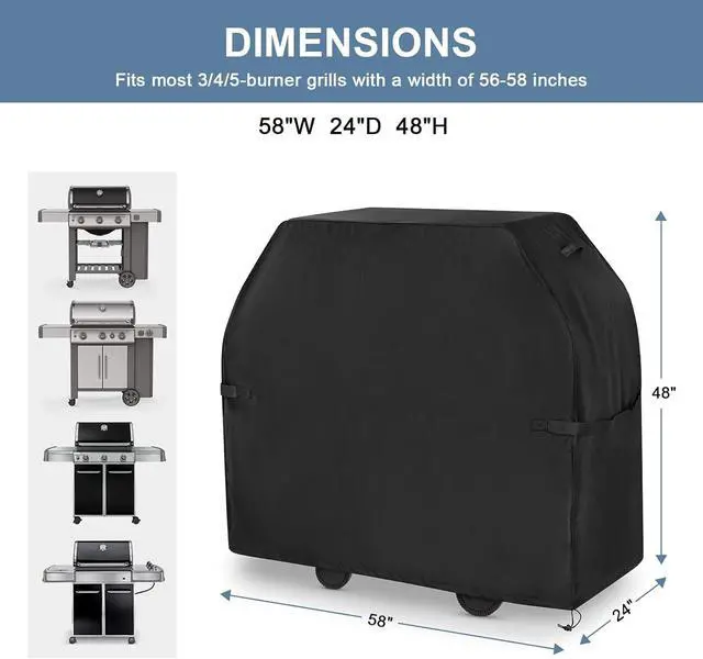 Alt view image 2 of 7 - Grill Cover for Outdoor Grill BBQ Gas Grill Cover 58 Inch Heavy Duty Waterproof UV & Fade Resistant Barbecue Cover with Hook-and-Loop Straps & Adjustable Hem Drawstring Outside(Black).