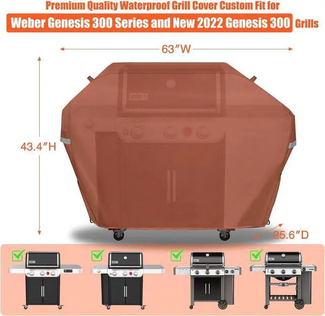 Alt view image 2 of 7 - 63 Inch Grill Cover for Weber Genesis 300 Series and New 2022 Genesis 300 Grills Heavy Duty Waterproof Fade Resistant Outdoor BBQ Grill Cover with Elastic Drawstrings Compared to Weber 7757 Brown