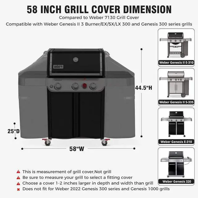 Alt view image 2 of 7 - Ultima Durable Grill Cover for Weber Genesis 300 & Genesis II 300 Series Grills Heavy Duty Waterproof Rip-Proof 58 BBQ Cover Fade Resistant 7130 Gas Grill Cover with Straps for Weber 3 Burner Grill