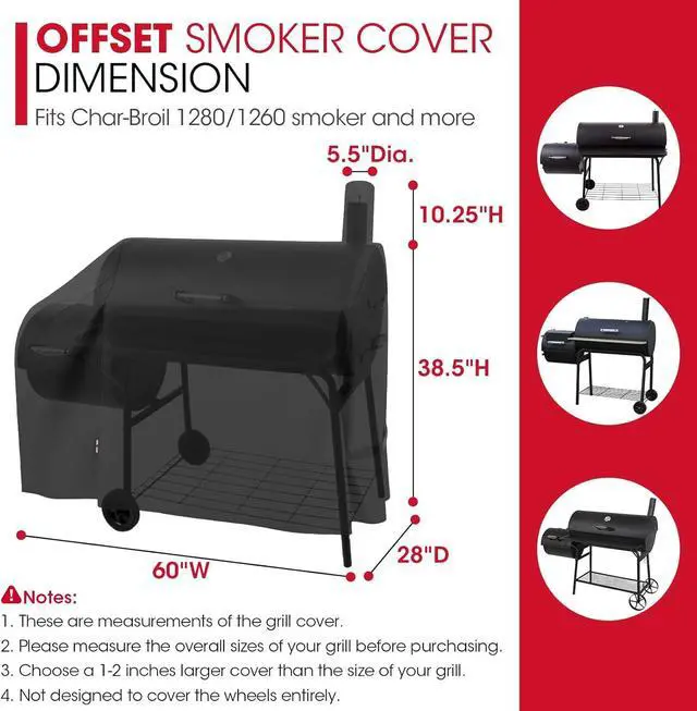 Alt view image 2 of 7 - Offset Smoker Cover 60 Inch Outdoor Heavy Duty Waterproof Charcoal BBQ Grill Cover Fade Resistant Compatible for Brinkmann Char-Broil Royal Gourmet and More Black
