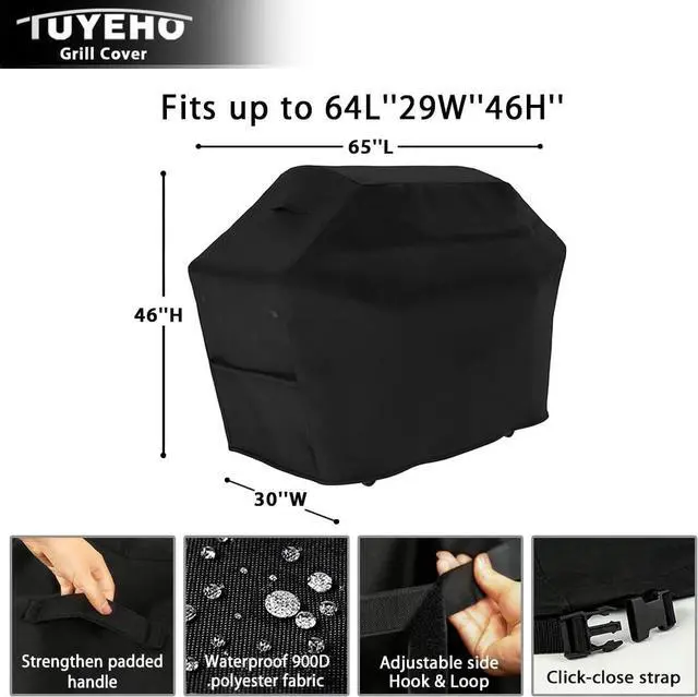 Alt view image 5 of 7 - Grill Cover 65 x 30 x 46 inch 900D Heavy Duty Gas BBQ Cover w/Side Fasteners Straps Waterproof & Weather Resistant for Your Weber Char-Broil Brinkmann Holland Jenn Air (Black)