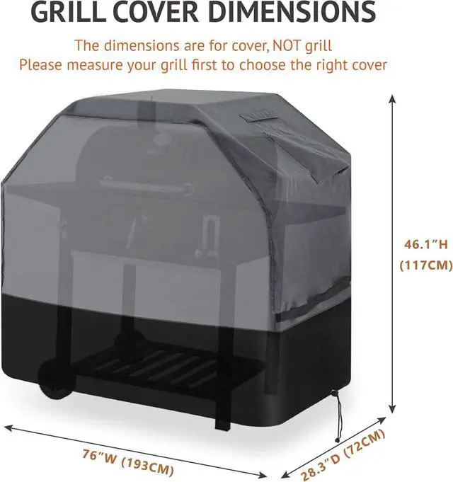 Alt view image 3 of 6 - Heavy Duty Grill Cover 76 Inch 600D Oxford Water Resistant UV & Fade Resistant BBQ Cover for Weber Char-Broil Dyna Glo Nexgrill Charcoal Gas Grill (76W x 28D x 46H Gray/Black)