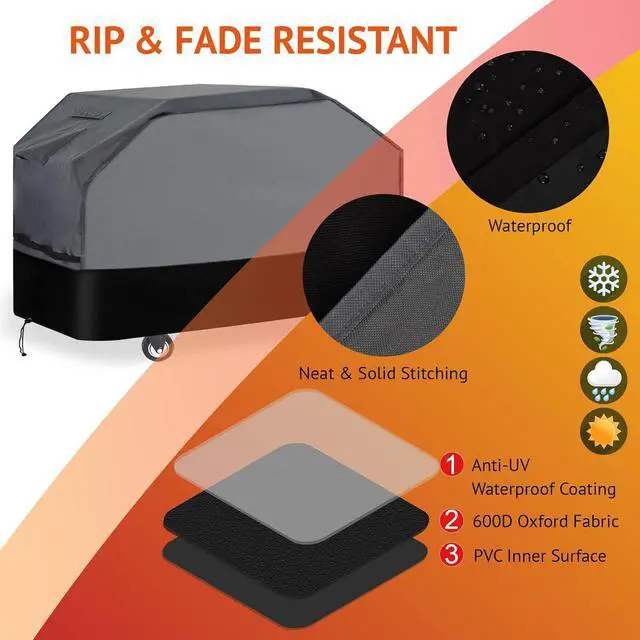 Alt view image 5 of 6 - Heavy Duty Grill Cover 76 Inch 600D Oxford Water Resistant UV & Fade Resistant BBQ Cover for Weber Char-Broil Dyna Glo Nexgrill Charcoal Gas Grill (76W x 28D x 46H Gray/Black)