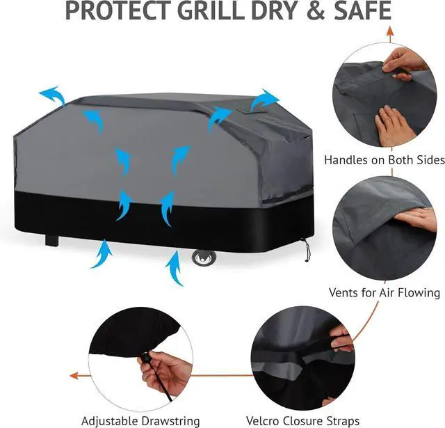 Alt view image 6 of 6 - Heavy Duty Grill Cover 76 Inch 600D Oxford Water Resistant UV & Fade Resistant BBQ Cover for Weber Char-Broil Dyna Glo Nexgrill Charcoal Gas Grill (76W x 28D x 46H Gray/Black)