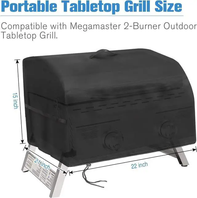 Alt view image 3 of 6 - Portable Grill Cover for Megamaster 2-Burner Propane Outdoor Tabletop Grill Waterproof Small Table Top BBQ Grill Cover Heavy Duty 600D Outdoor Tabletop Grill Cover
