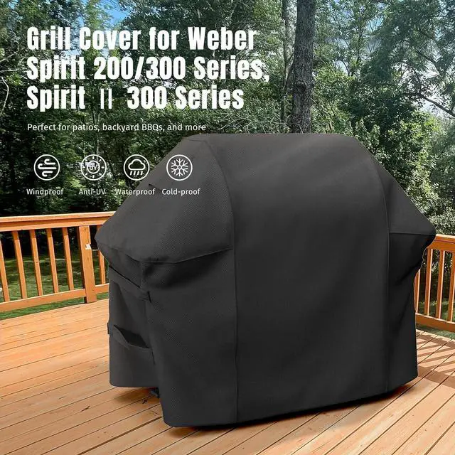Alt view image 2 of 7 - Grill Cover for Weber Spirit 200/300 Series Also Fits for Spirit II 300 Double Straps and Built-in Vents Waterproof 52-Inch Black