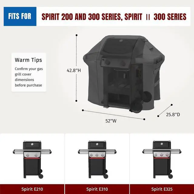 Alt view image 3 of 7 - Grill Cover for Weber Spirit 200/300 Series Also Fits for Spirit II 300 Double Straps and Built-in Vents Waterproof 52-Inch Black