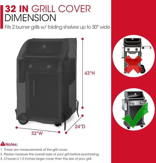 Alt view image 2 of 7 - 32 Inch Small Grill Cover Heavy Duty Waterproof 2 Burner Gas BBQ Cover Compatible with Weber Char-Broil Nexgrill KitchenAid Grills with Both Side Tables Down All Weather Protection