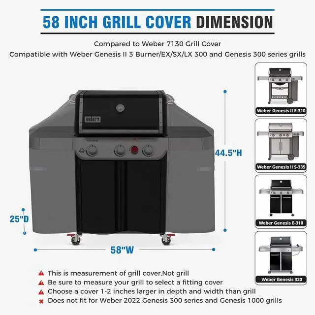 Alt view image 2 of 7 - Heavy Duty 58 Inch Grill Cover for Weber Genesis 300 & Genesis II 300 Series 600D Waterproof Fade Resistant BBQ Gas Grill Cover for Outdoor Grill with Straps Compared to Weber 7130