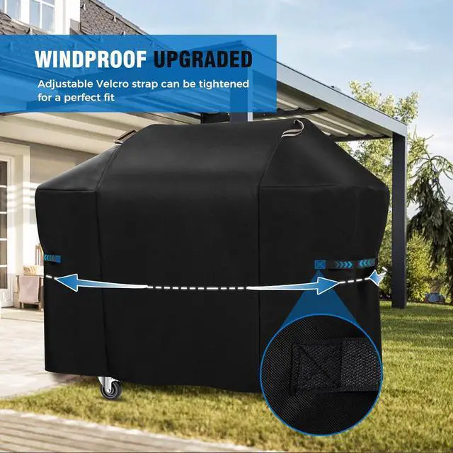 Alt view image 6 of 7 - Heavy Duty 58 Inch Grill Cover for Weber Genesis 300 & Genesis II 300 Series 600D Waterproof Fade Resistant BBQ Gas Grill Cover for Outdoor Grill with Straps Compared to Weber 7130