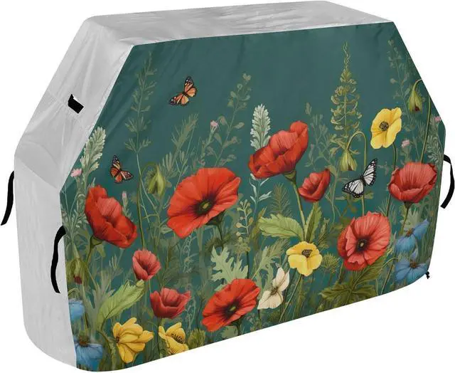 Alt view image 2 of 6 - Colorful Flower Grill Cover 65 Inch Heavy Duty Outdoor Barbecue Cover Waterproof BBQ Gas Grill Cover with Adjustable Straps for Most Grills