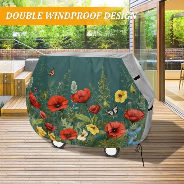 Alt view image 6 of 6 - Colorful Flower Grill Cover 65 Inch Heavy Duty Outdoor Barbecue Cover Waterproof BBQ Gas Grill Cover with Adjustable Straps for Most Grills
