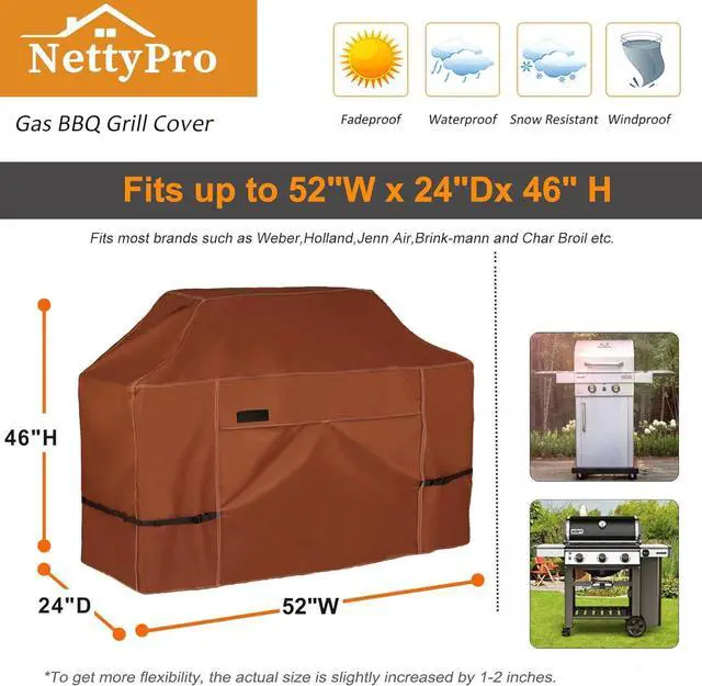 Alt view image 5 of 7 - Gas BBQ Grill Cover 52 Inch 2-3 Burner 600D Heavy Duty Waterproof Outdoor Barbecue Cover for Weber Char-Broil Brinkmann Nexgrill Grills and More Brown