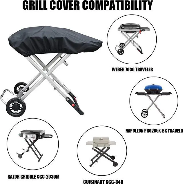 Alt view image 2 of 6 - Grill Cover for Weber 9010001 Traveler Portable Gas Grill - Heavy Duty Waterproof 600D Oxford Fabric and Adjustable Hem Grill Cover