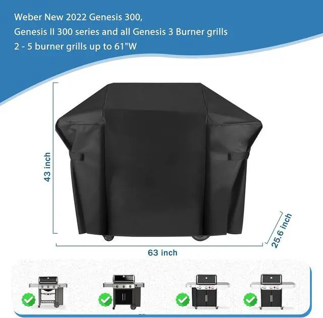 Alt view image 2 of 7 - Grill Cover for Weber Genesis 300 Series and New 2022 Genesis 300 Grills 63 Inch Heavy Duty 600D Outdoor BBQ Grill Cover Waterpoorf Weber 7757 Fade Resistant Barbecue Cover