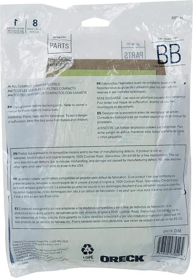 Alt view image 5 of 5 - Vacuum Cleaner Bags for Buster B Canister Vacs Pack of 8 Green Type BB Part # AK1BB8A Vacuum Bags Refill