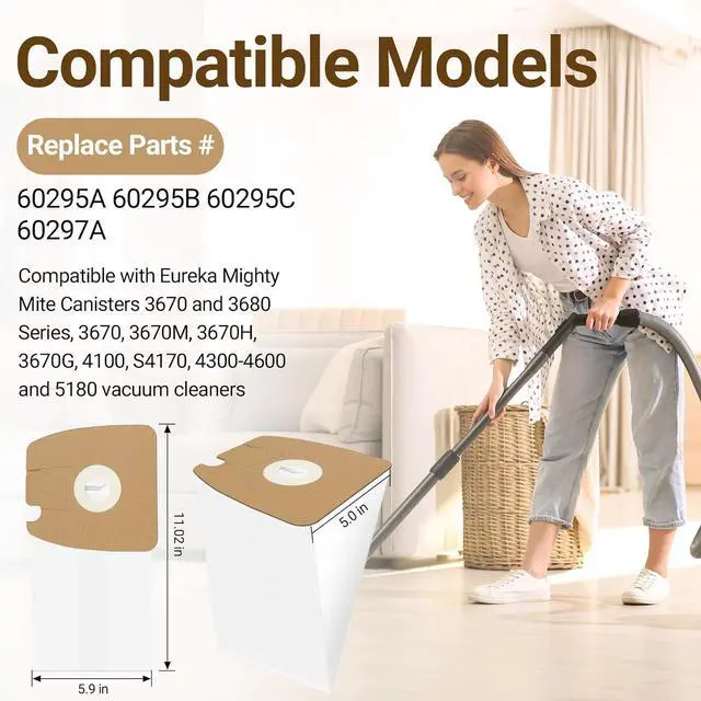 Alt view image 6 of 7 - Vacuum Bags for Eureka Mighty Mite 3670 and 3680 Series Canisters MM Vacuum Bags 60295A 60295B 60295C & 60297A 9 Pack