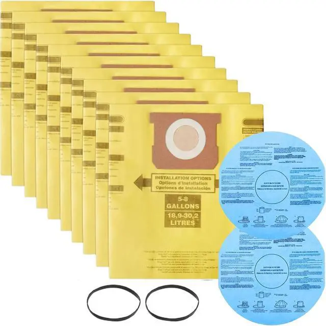Main image of Pack 12(10+2) Shop Vac Bags 5-8 Gallon 90671 9067133 Type H 90661 9066133 Type E VF2004 VHBS VDBS High-Efficiency Disposable Collection Filter Bags 90107 Dry Reusable Vacuum Filter Kit