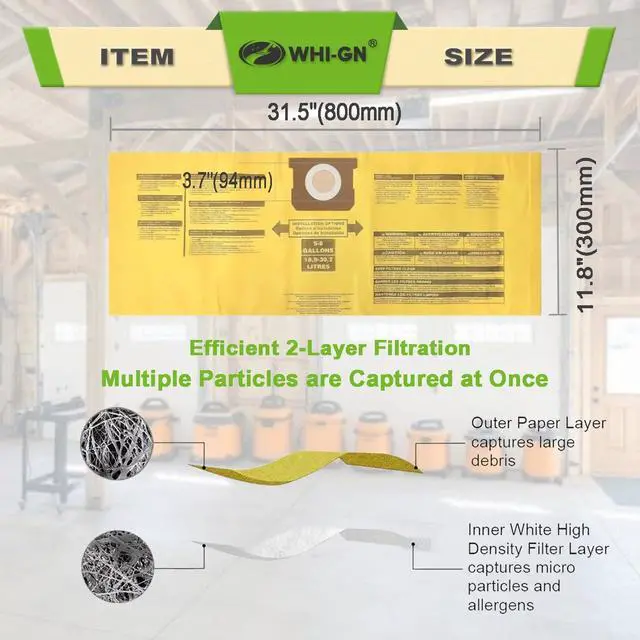 Alt view image 2 of 7 - Pack 12(10+2) Shop Vac Bags 5-8 Gallon 90671 9067133 Type H 90661 9066133 Type E VF2004 VHBS VDBS High-Efficiency Disposable Collection Filter Bags 90107 Dry Reusable Vacuum Filter Kit