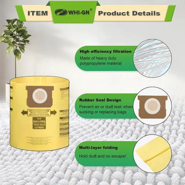 Alt view image 5 of 7 - Pack 12(10+2) Shop Vac Bags 5-8 Gallon 90671 9067133 Type H 90661 9066133 Type E VF2004 VHBS VDBS High-Efficiency Disposable Collection Filter Bags 90107 Dry Reusable Vacuum Filter Kit