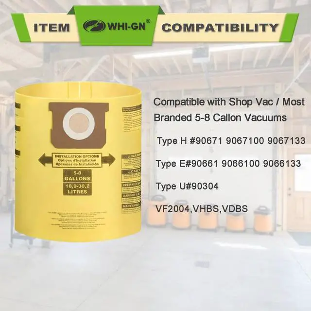 Alt view image 7 of 7 - Pack 12(10+2) Shop Vac Bags 5-8 Gallon 90671 9067133 Type H 90661 9066133 Type E VF2004 VHBS VDBS High-Efficiency Disposable Collection Filter Bags 90107 Dry Reusable Vacuum Filter Kit