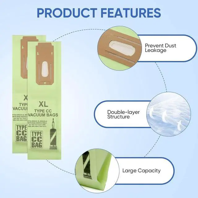 Alt view image 5 of 7 - 10 Pack Replacement Type CC Vacuum Bags for Oreck XL XL2 XL7 XL21 Upright Vacuum Cleaner Part # CCPK8 CCPK8OH CCPK8DW AK1CC6A
