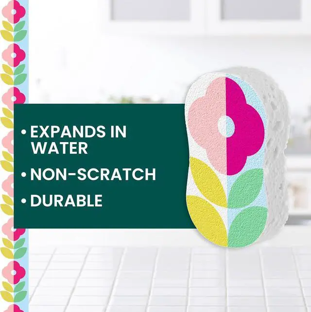 Alt view image 2 of 7 - Brite Blooms Pop Up Kitchen Sponges Unique Compressed Kitchen Sponge for Cleaning Gently Spring Flower Pattern Dish Sponge That Expands with Water 3 Scrubbing Sponges