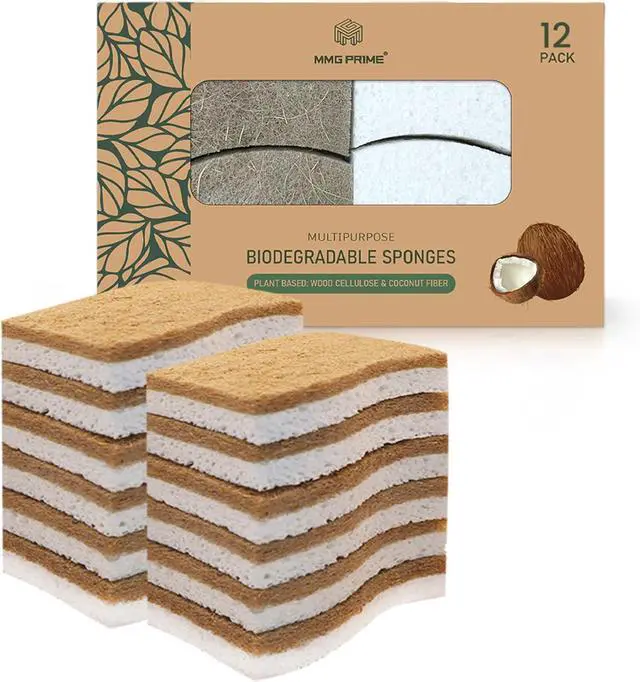 Main image of Natural Kitchen Sponge 12-Pack Biodegradable Sponges for Dishes Compostable Dish Washing Scrubbers Eco Friendly Non-Scratch Cellulose & Coconut Husk Scrubber Sponges for Cleaning