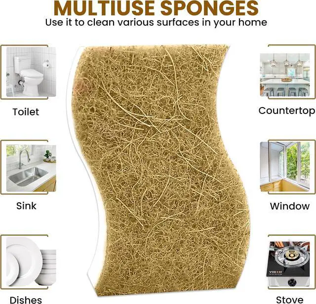 Alt view image 2 of 7 - Natural Kitchen Sponge 12-Pack Biodegradable Sponges for Dishes Compostable Dish Washing Scrubbers Eco Friendly Non-Scratch Cellulose & Coconut Husk Scrubber Sponges for Cleaning