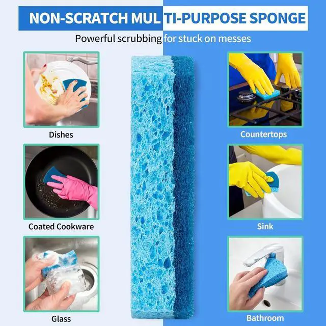 Alt view image 2 of 7 - Non-Scratch Cellulose Scrub Sponges 12 Pack Sponges Kitchen with Double-Side & Ergonomic Design for Dishes Coated Cookware Sink & Countertops.
