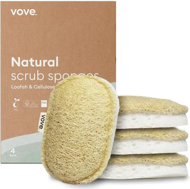 Main image of Scrub Sponges 4 Pack | Natural Cellulose & Loofah Kitchen Sponges | Eco-Friendly Dish Sponge for Bathroom & Kitchen Cleaning | FSC Certified Sustainable Packaging