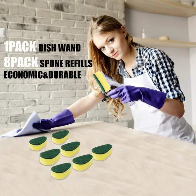 Alt view image 7 of 7 - Dish Wand with 7Pack Replacement Dish Wand Sponges Not Easy Leak Dishwand and Long Lasting Replacement Sponge Heads Dish Brush Pads Kitchen Cleaning Sets